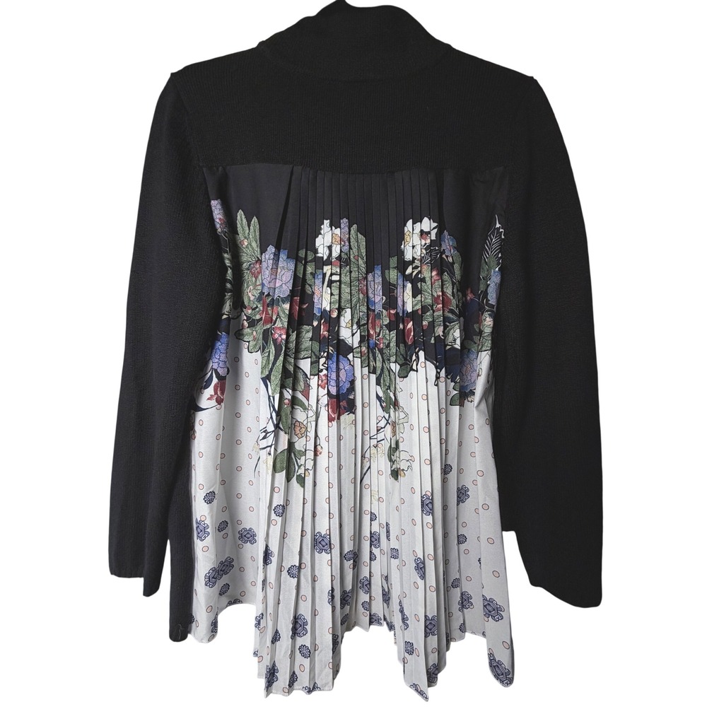 Chico's Mixed Media Pleated Back Floral Sweater Black Mock Neck Size 1 M